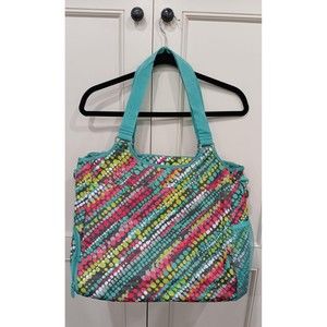 Thirty-One All Pro Large Tote gym bag multi pocket teal pink gray polka dots